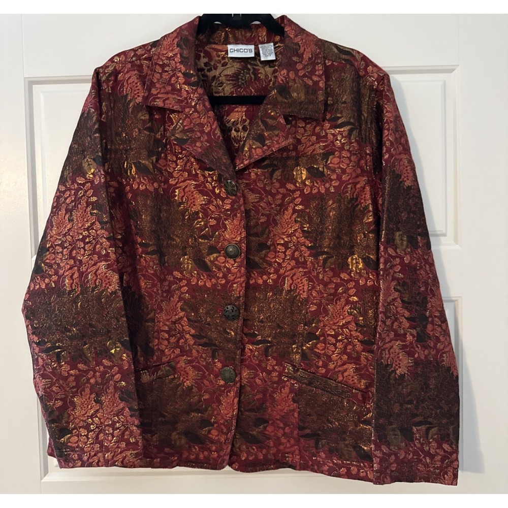 Chicos Blazer Jacket Womens Size 3 XL Red Metallic Floral Button Up Mature